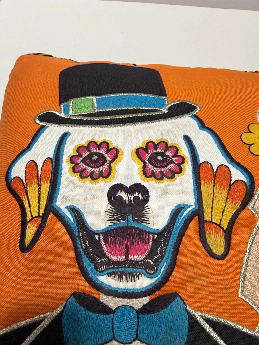 Day of the Dead Couple Embroidered Orange Accent Pillow
